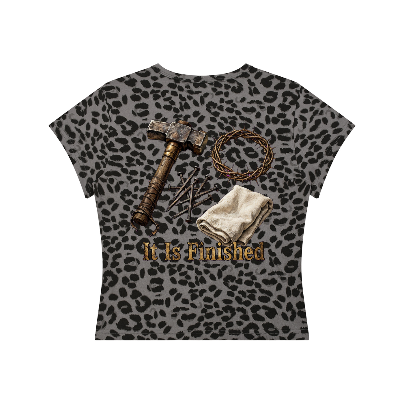 "It Is Finished" Women’s Leopard Print Crop T-Shirt
